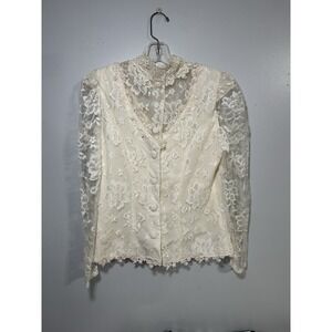 Vintage Patra Lace Floral High Neck Ivory Button Long Sleeve Blouse 10